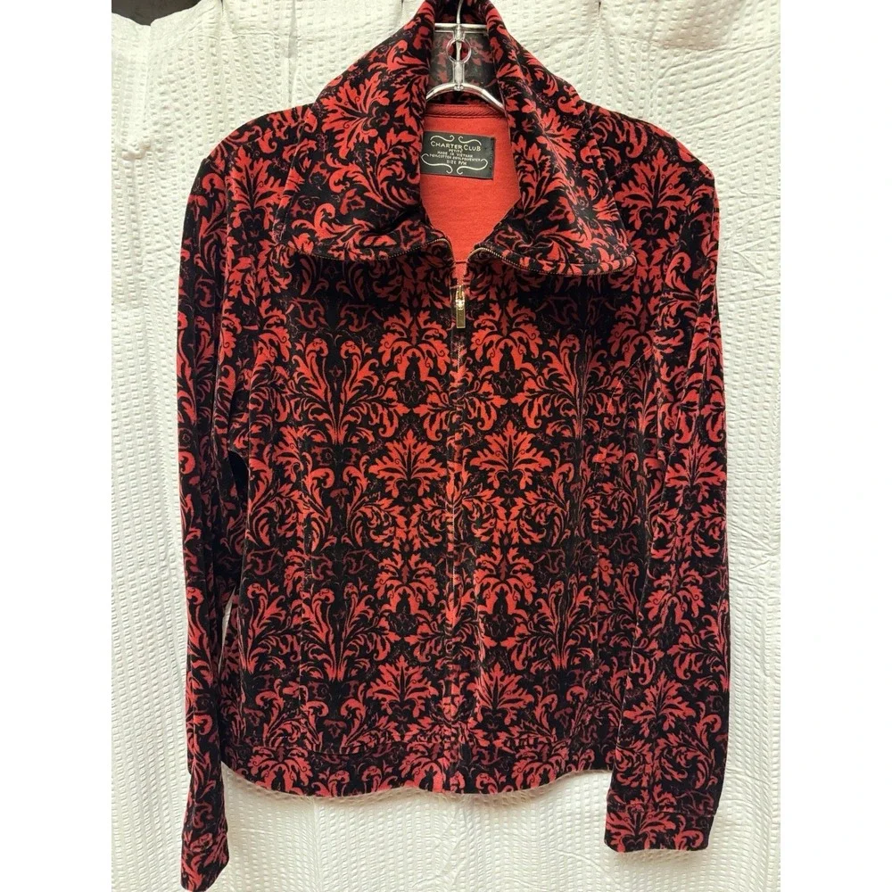 Charter Club Women's‎ SZ P/M Red Black Damask Velvet Zip Up Bomber Jacket Soft